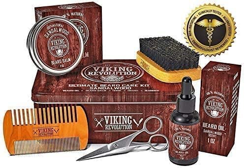Viking Revolution Ultimate Grooming Kit for Men - Boar Brush, Wood Comb, Sandalwood Balm & Oil, Scissors for Beard & Mustache (Pack of 2)