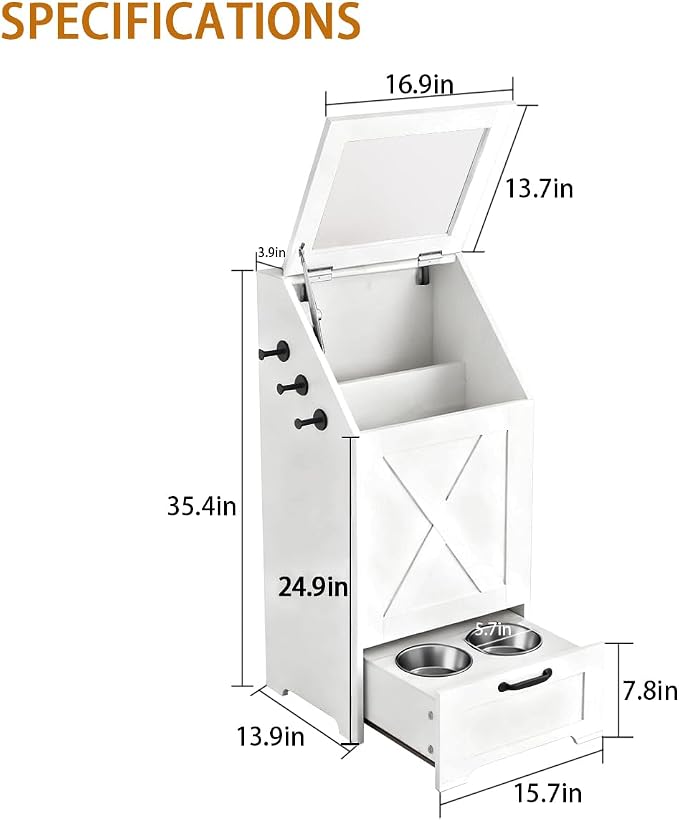 Dog Feeding Station with Storage Cabinet and 2 Elevated Dog Bowls, Hidden Pet Food Storage Organizer for Dog &Cat, Modern Dogs Furniture, White