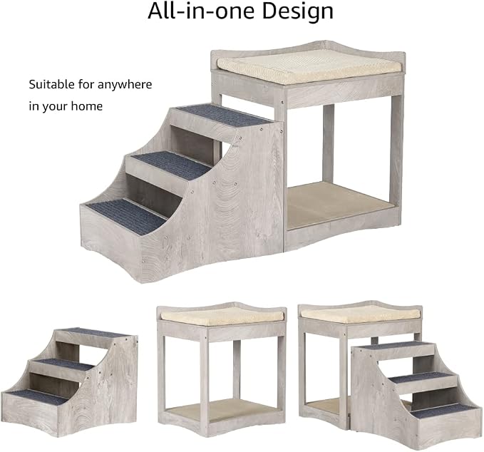 unipaws Pet Bunk Bed with Removable Step for Dog and Cat, Window Perch Seat | Multi-Level Bed with Cushion and Cat Scratch Pad, Indoor Use, Grey