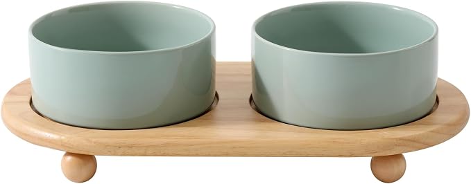 Havniva Raised Cat Bowl, 6.1” Elevated Ceramic Cat Food and Water Bowl Set | Cat Bowls Elevated, Whisker Friendly Cat Bowl, Non-Slip Wood Stand, Food-Grade Ceramic, Wide Opening, Dishwasher Safe