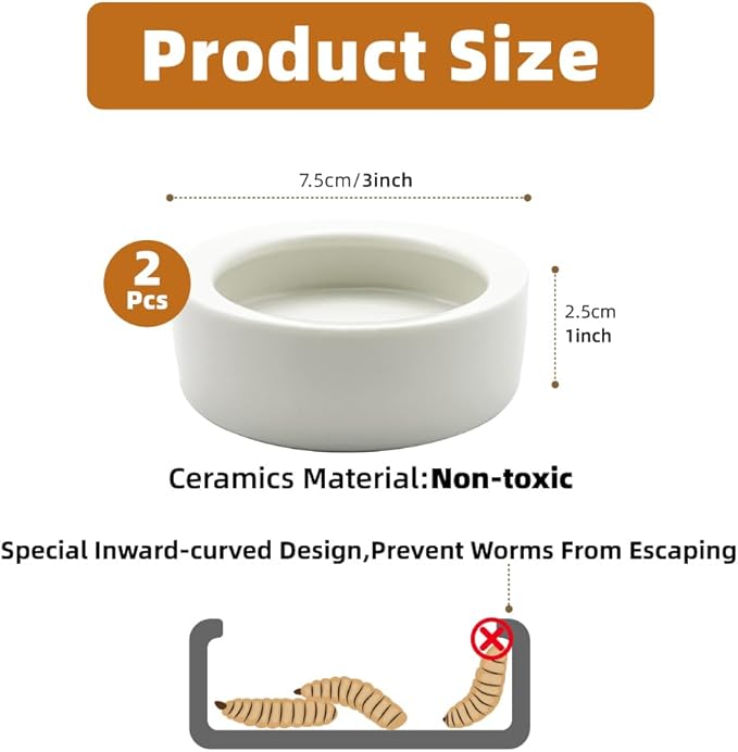 Escape-Proof Reptile Food Dish Bowl, Ceramic Reptile Feeding Dish & Small Animal Bowl for Lizard, Leopard Gecko, Hermit Crab, Hamster, Anti Escape Live Food & Water Dish (3x1in) 2PCS