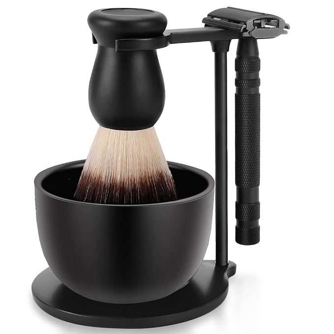 Amazing Men's Wet Shaving Kit - Mysterious Black Shaving & Grooming Sets - Deluxe Heavyweight Shaving Brush Razor Stand with Stainless Steel Soap Bowl and Friendly Brush