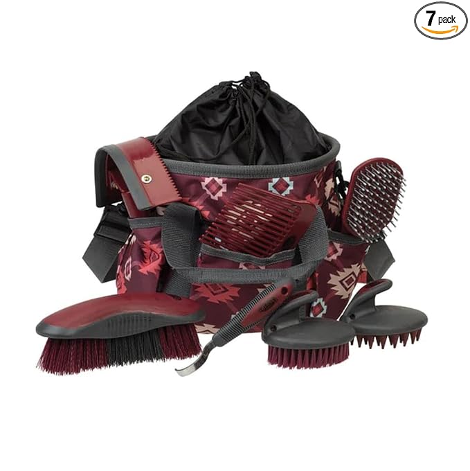 Weaver Equine Horse Grooming Kit, 7-Piece Horse Brush Set with Organizer Tote Bag, Hoof Pick, Comb, Sweat Scraper, Equine Tools for Daily Grooming, Plaid Aztec
