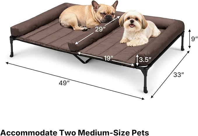 Veehoo Elevated Dog Bed for 2 Dogs, Cooling Raised Dog Bed with Bolster Mat | Outdoor Double Dog Bed with Removable Waterproof Cushion, Breathable Mesh, Non-Slip Feet for Outdoor & Indoor, 49", Brown