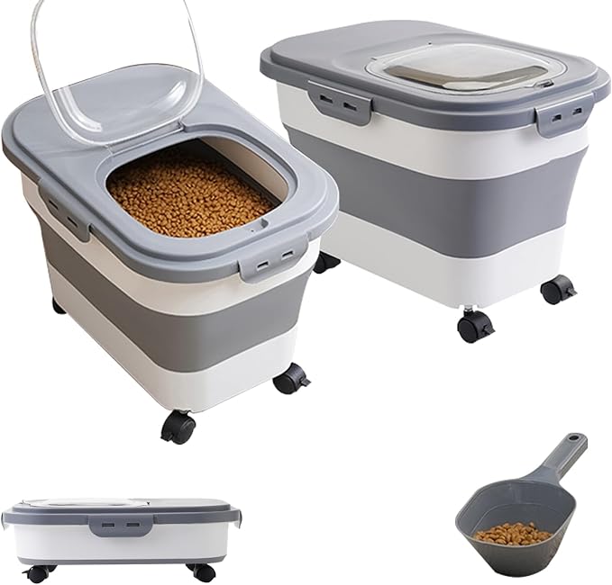 SEWIU Dog Food Storage Container Up to 2pack*20LB,Collapsible Dog Food Container with Travel Silicone Bowl and Scoop for Dog/Cat/Bird Food/Cat litter,Keep Dry Food Fresh,Easy to Move.