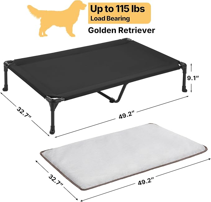 Veehoo Outdoor Elevated Dog Bed with Washable & Waterproof Cushion, Cooling | Large Raised Dog Cot with Removable Cover, Brethable Mesh, Orthopedic Pet Bed for Indoor & Outdoor, 49" x 32", Dark Grey