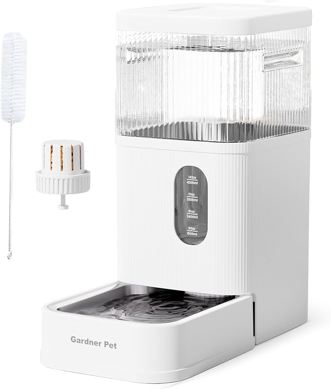 Gardner Pet 2.9 Gallon Automatic Dog Water Bowl Dispenser 11L Gravity Water Feeder with Stainless Steel Bowl & Maifan Stone Filter, BPA-Free for for Cats and Dogs (White, 2.9 Gallon)