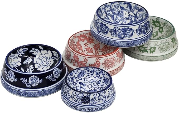 Aimusego Basics Ceramic Non-Skid Pet Dog Water and Food Bowl,Chinoiserie Blue&White Dog Cat Puppy Feeding Bowls Dish,Ideal for Small to Medium Dogs 9inch