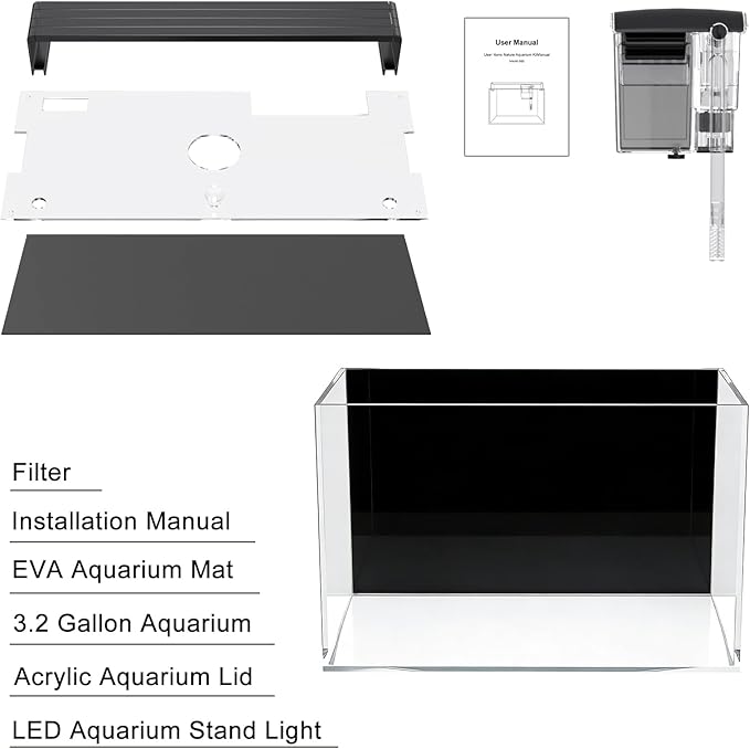 3.2 Gallon Fish Tank, Nano Nature Aquarium Kit,Small Aquarium Starter Kit,Ultra-Clear Rimless Desktop Small Aquarium with Filter and Light for Betta,Shrimp,Goldfish.Black Glass