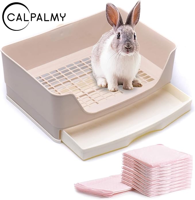 CalPalmy Large Rabbit Litter Box with 10PCS Bonus Pads, Bunny Corner Toilet Box with Drawer and Bigger Pet Pan for Adult Guinea Pigs, Chinchilla, Ferret, Galesaur, Small Animals