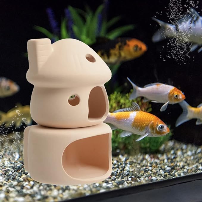 Saim Mushroom with Cave Fish Tank Decor Set, Ceramics Aquarium Shrimp Cave, Betta Hideout Decoration, Cottage Ornament Goldfishes for Fish Tank Landscape Decor - Beige