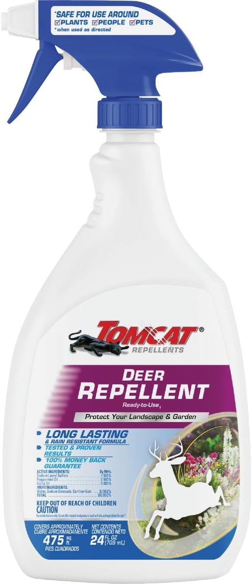 Tomcat Repellents Deer Repellent Ready-to-Use1 Spray - Repels Deer and Rabbits, Contains Essential Oils, Protects Garden and Landscape, No Stink, Rain-Resistant, 24 fl. oz.