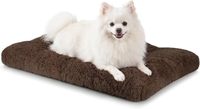 JOEJOY Dog Bed Crate Pad, Deluxe Plush Washable Dog Beds Fulffy Soft Kennel Pad Anti-Slip Pet Sleeping Mat for Small Dogs,23" x 18", Brown