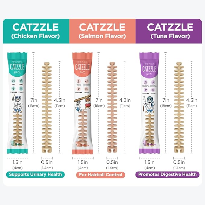 CATZZLE Cat Treats, Dental Chews for Indoor Cats, Cat Teeth Cleaning, Dental Care Snacks - Hairball Control (Salmon Flavor), 20 Sticks (5 oz.)