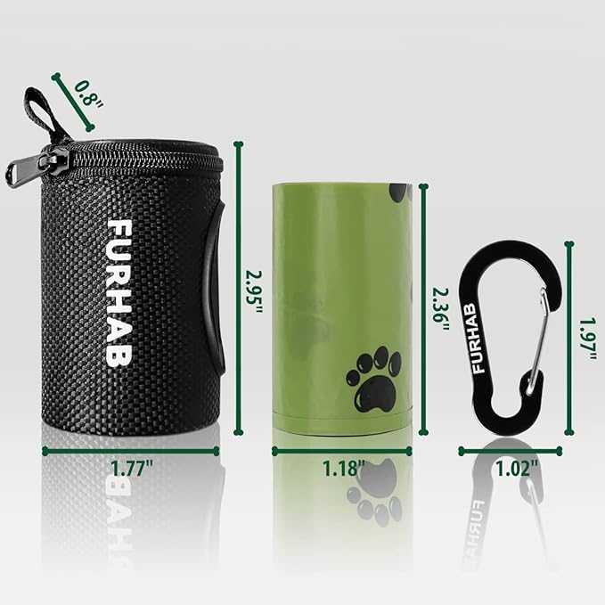 FURHAB Dog Poop Bag Holder for Leash Doggie Waste Bag Dispenser Soft Fabric Puppy Potty Carrier Small Doggy Zipper Pouch with Carabiner Clip with 1 Roll of Pet Trash Bags, Black