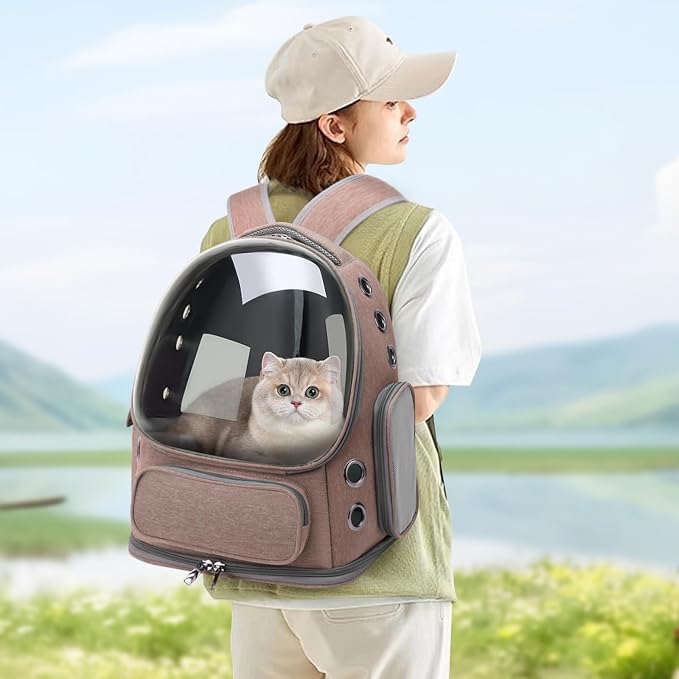 Cat Backpack Carrier for Cats and Small Dogs, Breathable Cat Bubble Backpack, Airline Approved Pet Travel Carrier for Hiking Camping Outdoor(Brown)