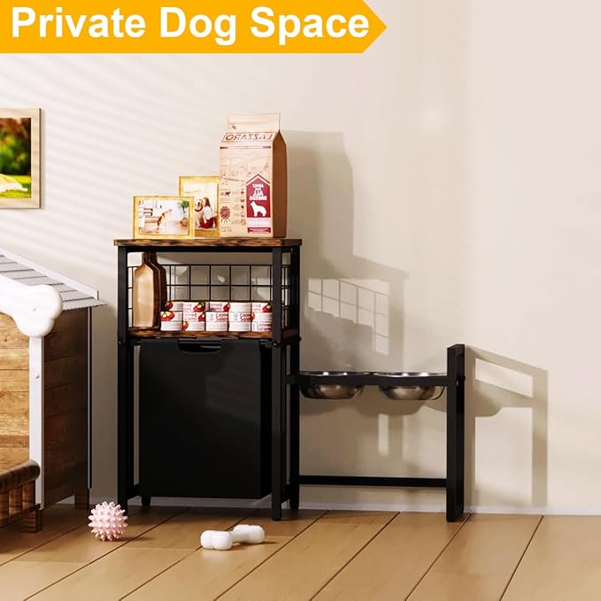 30.6Long x 26.2 High Elevated Dog Bowl Stand, Black | with Pet Food Storage Organizer,Adjustable Raised Feeding Station with Toy Basket for Large Medium Small Dogs and Cats