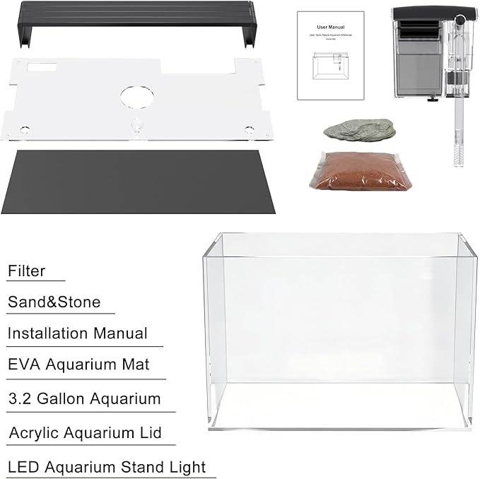 3.2 Gallon Fish Tank, Nano Nature Aquarium,Small Aquarium Starter Kit,Ultra-Clear Rimless Desktop Small Aquarium with Filter,Light,Rainforest Sand,Rock for Betta,Shrimp,Goldfish,Clear Glass