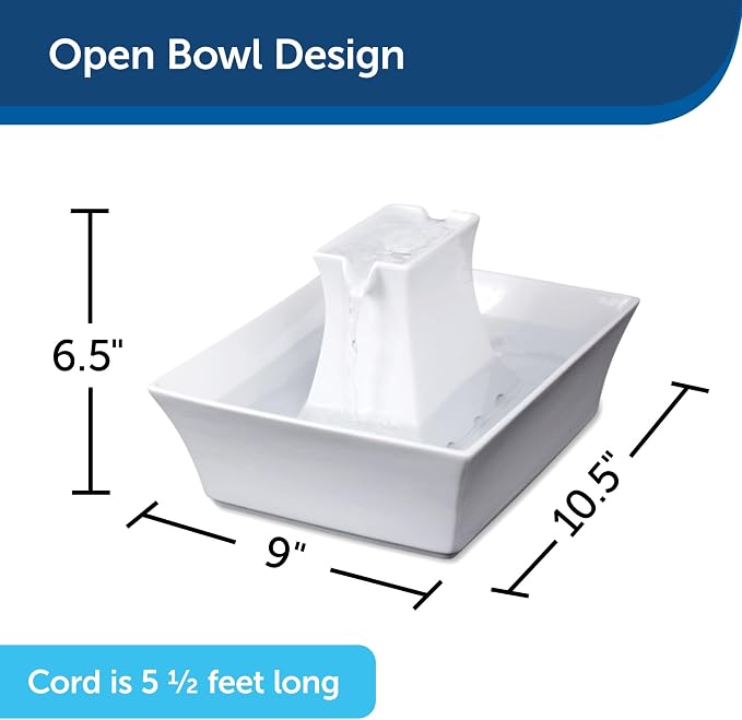 PetSafe Drinkwell Pagoda Fountain - 70 oz Ceramic, White - Filters Incl. | 2 Free-Falling Water Streams Encourage Hydration, Open Bowl Design, Replaceable Carbon & Foam Filters
