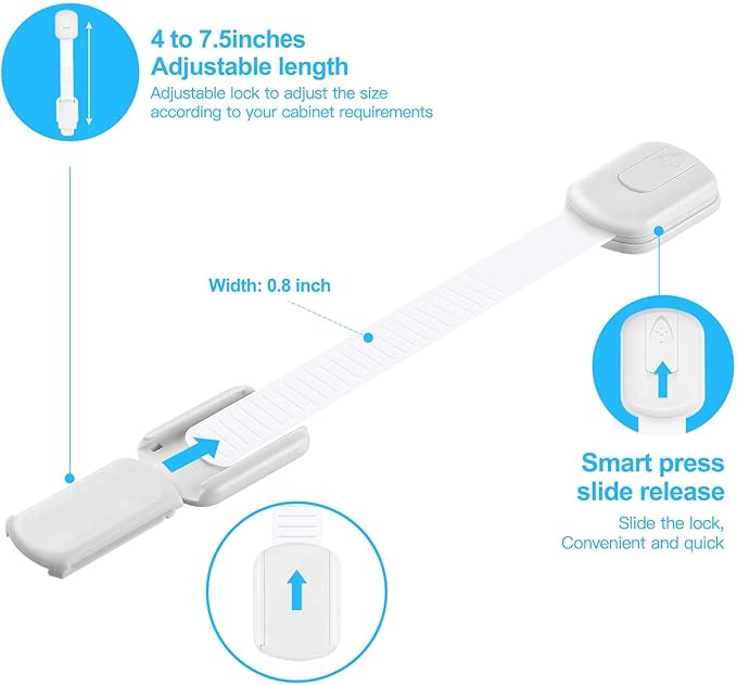 Child Safety Strap Locks for Cabinet, Fridge, Ovens, Toilet, Drawer, Trash can etc with Strong Adhesive Not Easy to Fall Off, Adjustable Length, 4 Packs
