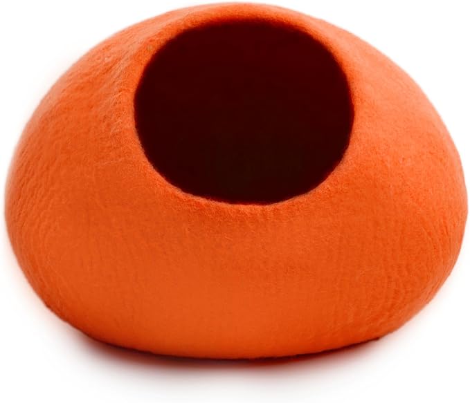 Luxurious Merino Wool Cat Cave - Foldable Hideaway Pod for Indoor Cats - Premium Felt Kitten Pet Enclosure - Covered Cat House for Ultimate Cozy Comfort by Woolygon (Orange Plain)
