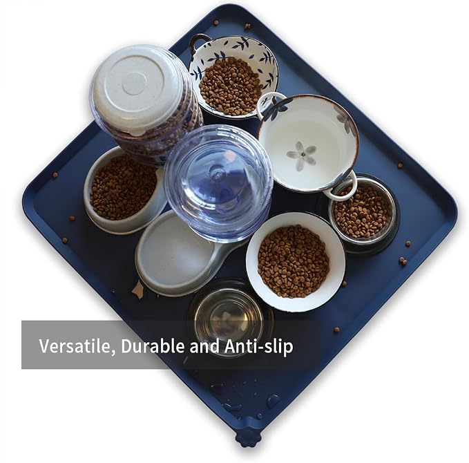 Hoki Found XX-Large Silicone Pet Food Mats - Non-Slip Dog & Cat Bowl Placemats - Waterproof Feeding Mats - Ink Indigo