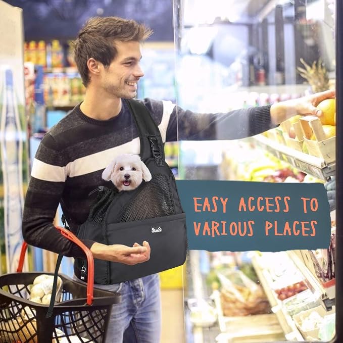 SlowTon Dog Sling Carrier, Hands Free Hard Bottom for Small Dogs up to 6 lb | Breathable Mesh Support, Adjustable Padded Strap, with Pocket Safety Belt, Machine Washable, for Small Animal Puppy, Black