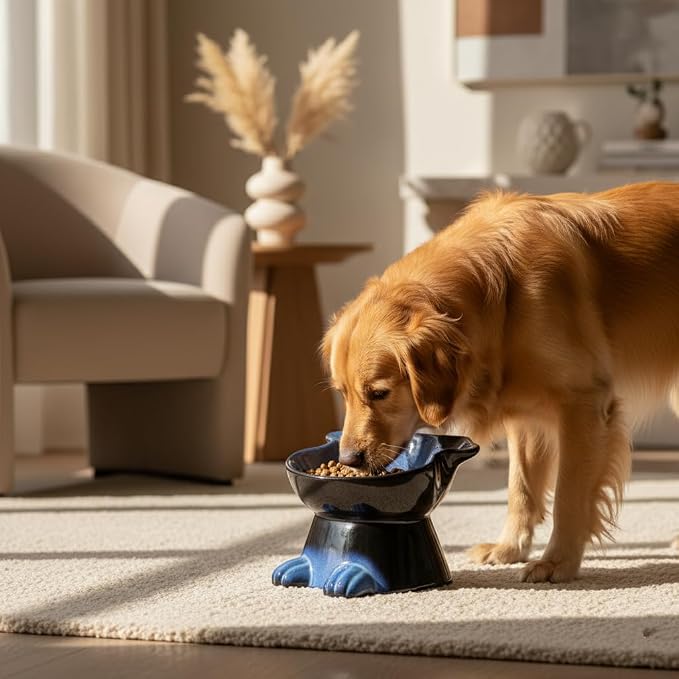 Nihow Elevated Ceramic Dog Bowls: 6.5 Inch Raised Dog Bowl for Food & Water | Food Safe Bowl for Medium/Small Size Dogs - Vivid Blue Puppy Bowls for Protecting Pet's Spine (1 PC)