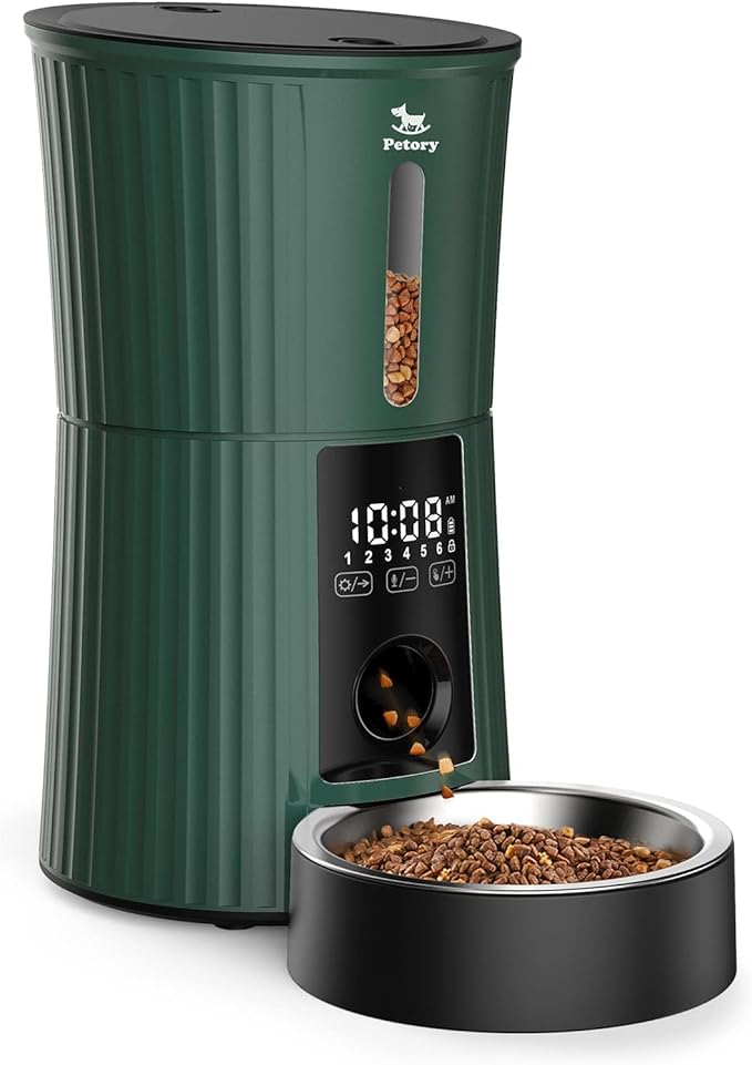 Timed Automatic Cat Feeder - 4L Dry Food Dispenser for Cats and Dogs | Programmable Portion Control, 6 Meals Daily, Dual Power Supply, 10-Second Voice Recorder, with Desiccant Bag, Green