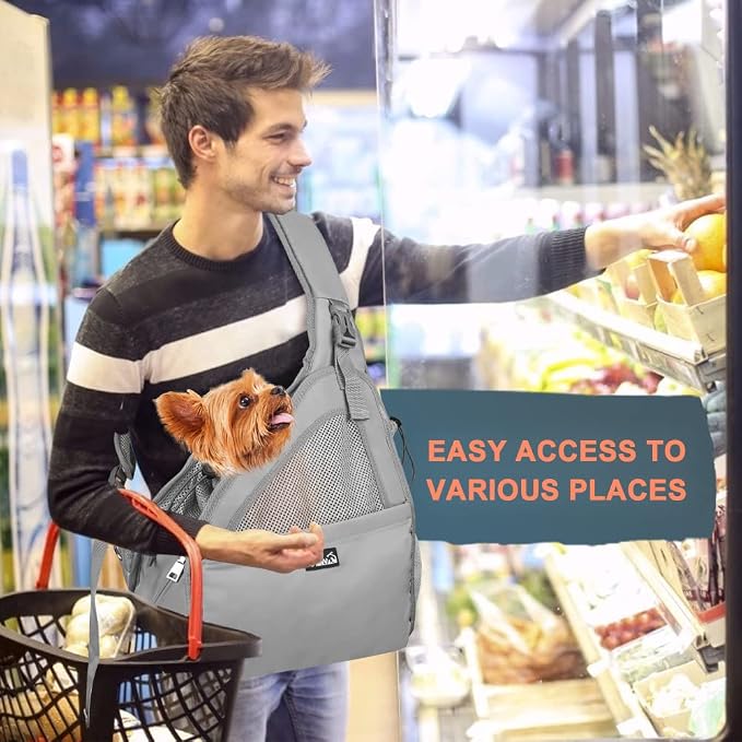 SlowTon Dog Sling Carrier, Hands Free Hard Bottom for Small Dogs up to 11lb | Breathable Mesh Support, Adjustable Padded Strap, with Pocket Safety Belt, Machine Washable, for Small Animal Puppy, Grey