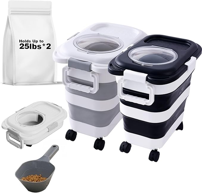 SEWIU 2pack 25 lbs Dog Food Storage Container,Collapsible Dog Food Container with Scoop,Pet/Dog/Cat/Bird Food/Cat litter Storage Containers to Keep Dry,Easy to Move.(Black+white)