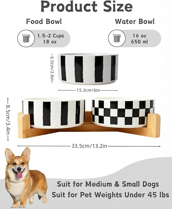 TRUVIC Ceramic Dog Bowl Set of 2 with Wood Stand, Black and White Checkered & Striped Dog Food and Water Bowl Set, 3.5 Cup/28 oz Elevated Puppy Food Bowls for Medium Dogs, Dishwasher Safe