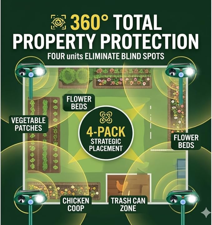 4Pack Sonic Fortress Pro Deer Repellent Devices Squirrel Rabbit Cat Raccoon Fox Deterrent Solar Ultrasonic Animal Repellent Outdoor with Motion Activated Strobe Light for Yard Lawn Garden Protection