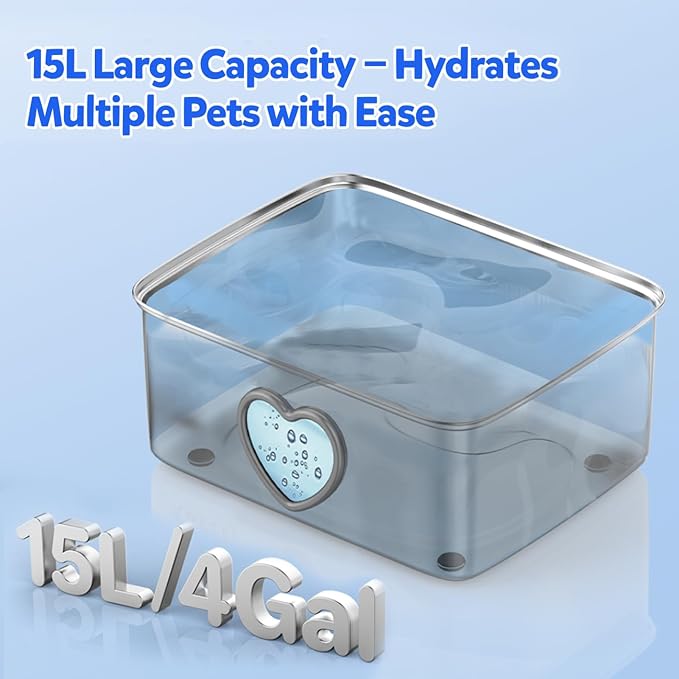 Kastty 4Gal/15L Stainless Steel Dog Water Fountain for Pets, Inside, FS80 | 5-Stage Filtration, Dual-Color LED, Visual Window, Large Medium & Multi-Pet