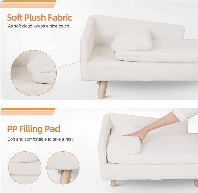 Elevated Dog Bed Couch Sofa: Wooden Dog Chair with Bolster Cushion for Small Dogs Cats Cute Pet Chaise Soft Cushion Washable, 31.7 x 18.9 Inches