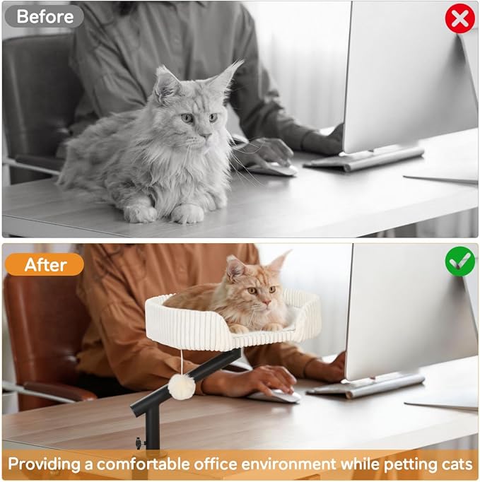 Cat Desk Bed with 3 Mats for All Seasons, 360° Rotating Adjustable | Clamp-On Desk Cat Bed with Reversible Plush Cushion, Sisal Scratch Mat, Cooling Mat & Hanging Ball, Supports 50 lbs, White