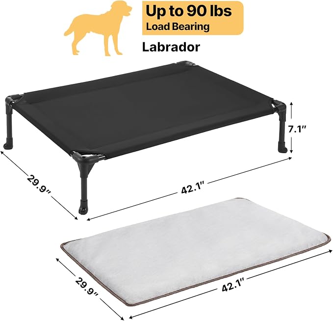 Veehoo Outdoor Elevated Dog Bed with Washable & Waterproof Cushion, Cooling | Large Raised Dog Cot with Removable Cover, Brethable Mesh, Orthopedic Pet Bed for Indoor & Outdoor, 42" x 30", Dark Grey