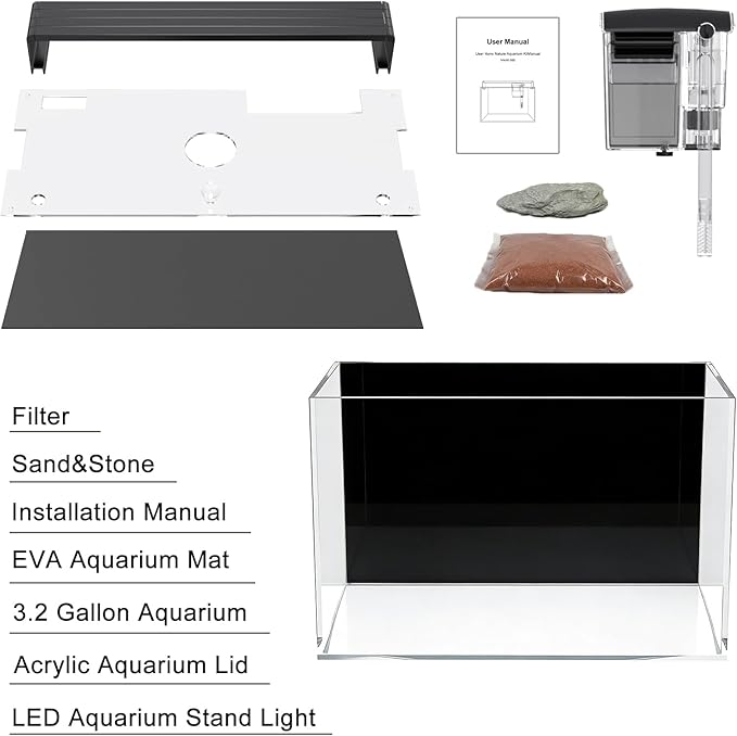 3.2 Gallon Fish Tank,Nano Nature Aquarium Kit,Small Starter Kit,Ultra-Clear Rimless Desktop Small Aquarium with Filter,Light,Rainforest Sand,Rock for Betta,Shrimp,Goldfish. Black Glass