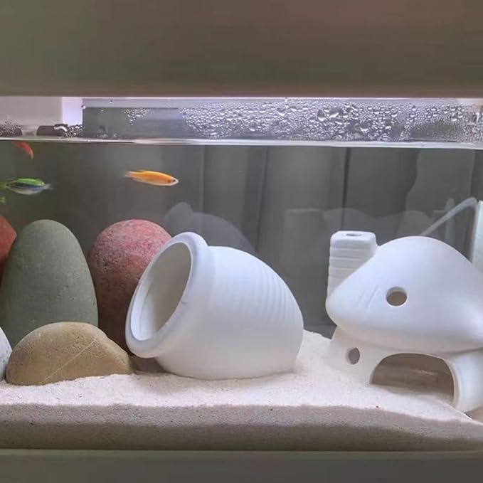 Ceramic Mushroom Aquarium Decor, Betta Fish Cave Hideout for Shrimp, Cichlid, Golfish & Small Frog to Rest Breed, Fish Tank Decoration for Freshwater & Saltwater - White Aquarium Ornament