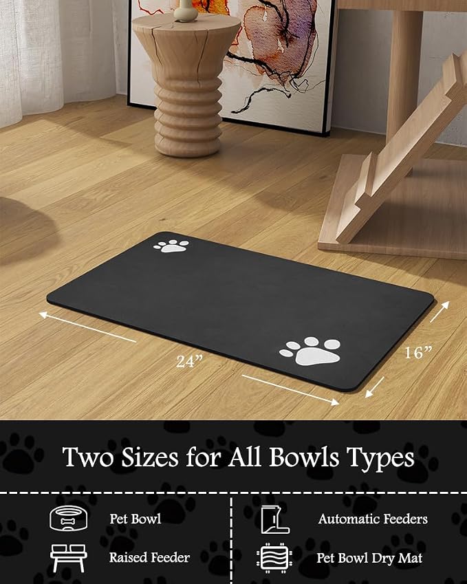 Pet Feeding Mat-Absorbent Dog Mat for Food and Water Bowl-No Stains Quick Dry Water Dispenser Mat-Dog Accessories Pet Supplies-Bowl for Messy Drinkers(Black,16"x24"