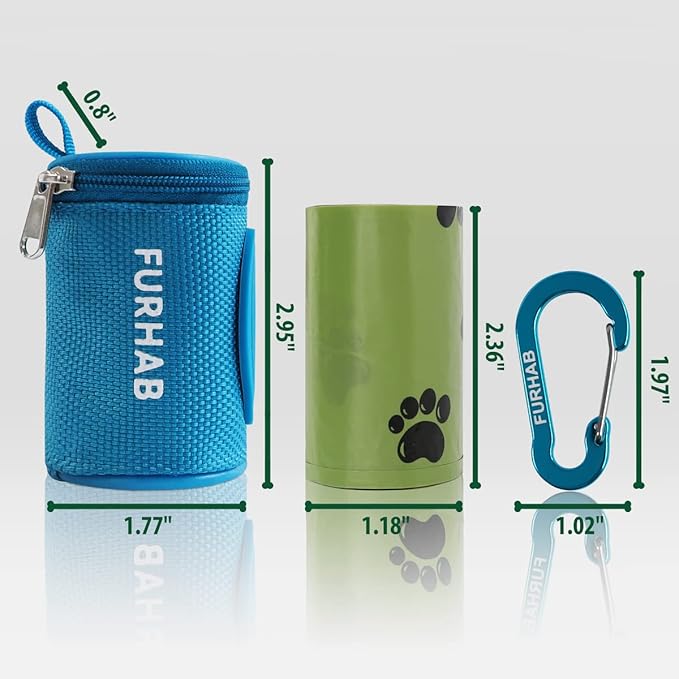 FURHAB Dog Poop Bag Holder for Leash Doggie Waste Bag Dispenser Soft Fabric Puppy Potty Carrier Small Doggy Zipper Pouch with Carabiner Clip 1680D Nylon Oxford with 1 Roll of Pet Trash Bags, Sky Blue
