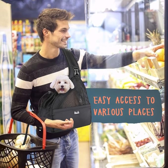 SlowTon Dog Sling Carrier, Hands Free Hard Bottom for Small Dogs up to 6 lb | Breathable Mesh Support, Adjustable Padded Strap, with Pocket Safety Belt, Machine Washable, for Short Legs Small Animal