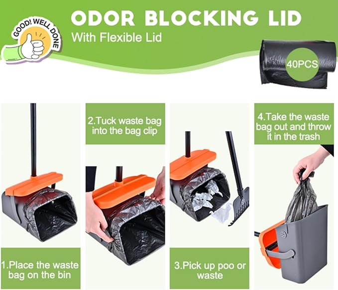 Dog Pooper Scooper for Large Dogs, 46" Long Handle Adjustable Pooper Scooper for Large Dogs,Dog Pooper Scooper with 55 Waste Bags,Large Capacity Swivel Bin & Rake