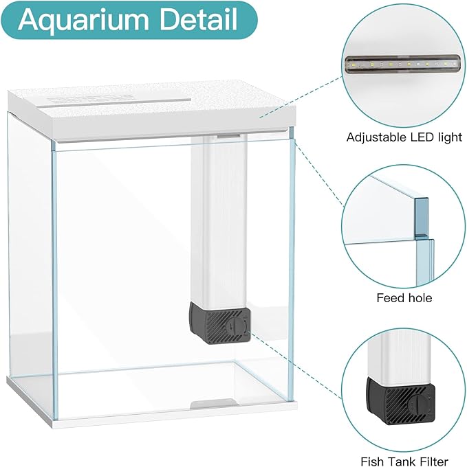 Pronetcus Betta Fish Tank, 2 Gallon Glass Aquarium Starter Kit, Small Fish Tank with Filter and Light.(White)