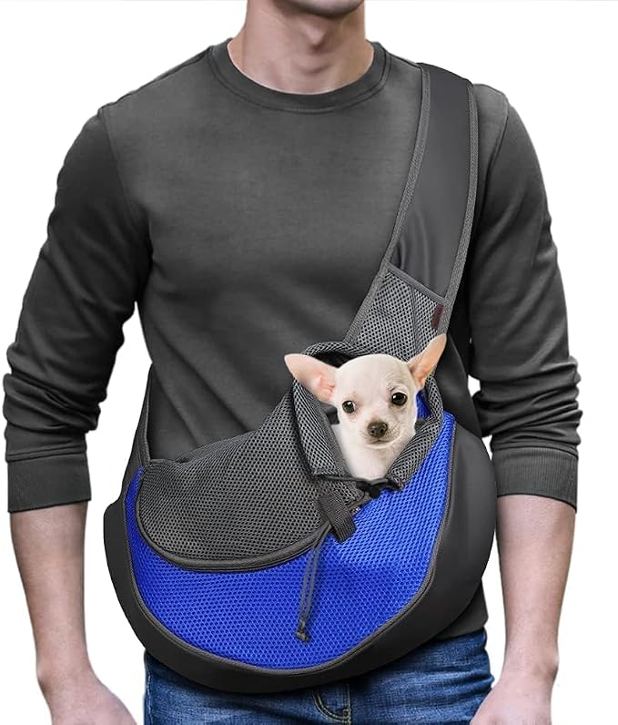YUDODO Pet Sling Carrier for 5-9 lbs Small Dogs Cat Puppy Crossbody Carrier | Hands-Free, Safety Hook, Large Zipper Pocket, Soft Breathable Mesh, Adjustable Strap, Reflective Strip, Blue, M