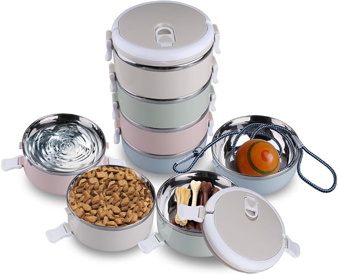 CHICIRIS Travel Dog Bowls, 4-tier portable stainless steel pet food container with handle, for dog and cat feeding, 24oz