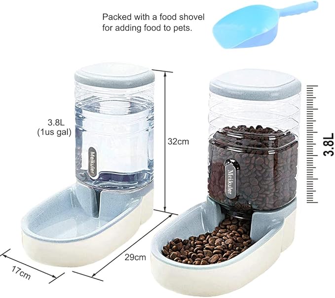 Distributeur automatique de nourriture et d'eau Meikuler pour chiens et chats, ensemble distributeur d'eau et de nourriture par gravité pour chiens et chats de petite et moyenne taille, chiots, grande capacité 3,8 litres x 2 (Gris)