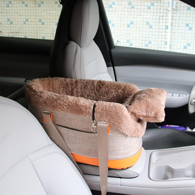 Pet Car Center Console Elevated Armrest Car Seat for Small Puppy, Dogs & Cats (Up to 10 lbs) – Dark Gray Washable Plush Carrier with Safety Leash, Fits Front Vehicle Console Space (Khaki)