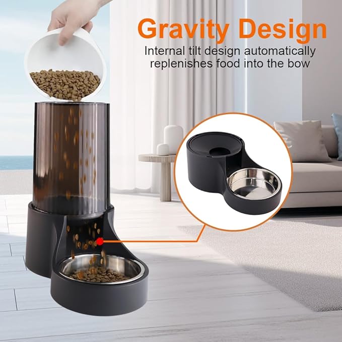 Distributeur automatique de croquettes pour chat, grande capacité 3,8 L, alimentation par gravité, avec couvercle supérieur amovible, bouteille transparente et gamelle en acier inoxydable pour animaux de compagnie (noir intégral)