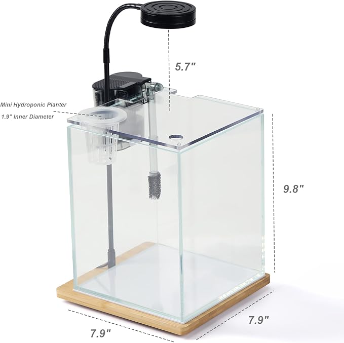 2.5 Gallon Nano Aquarium Kit with Bamboo-Base LED Light, Hanging Filter & Hydroponic-Ready Lid – Ideal for Betta, Shrimp, or Aquatic Plants